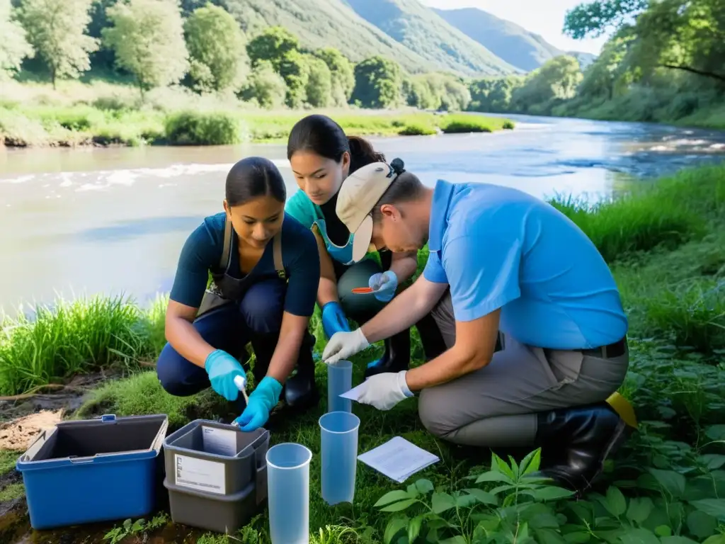 Grupo diverso de voluntarios realizando pruebas de calidad del agua en un río