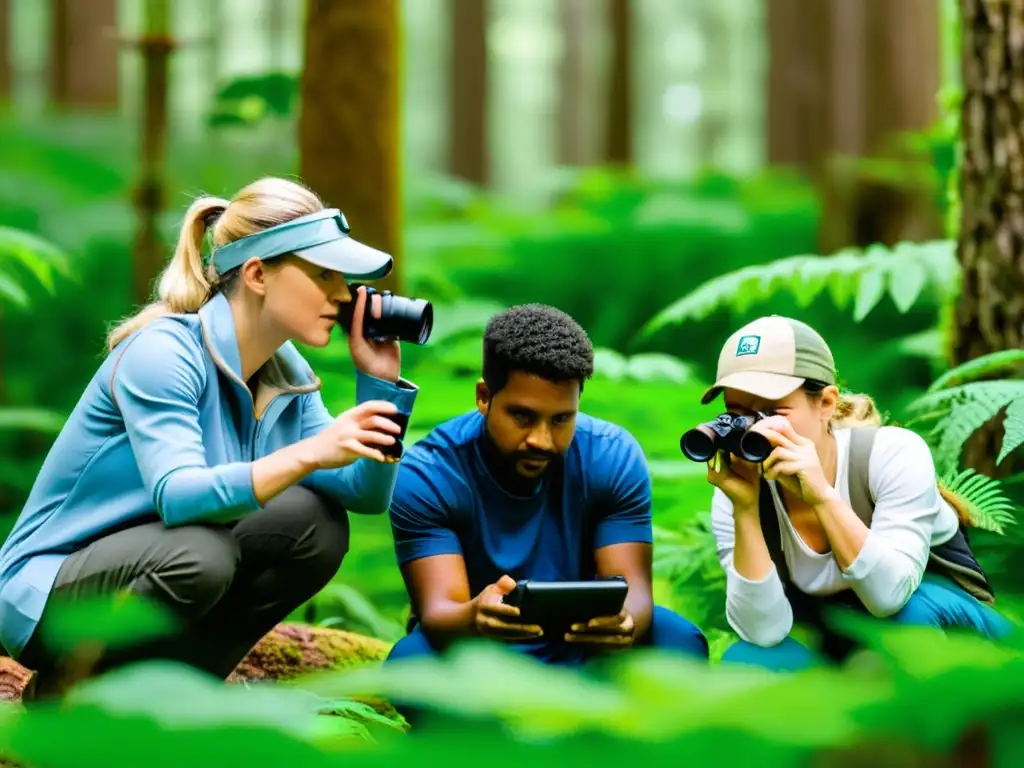 Grupo diverso de voluntarios explorando biodiversidad en bosque