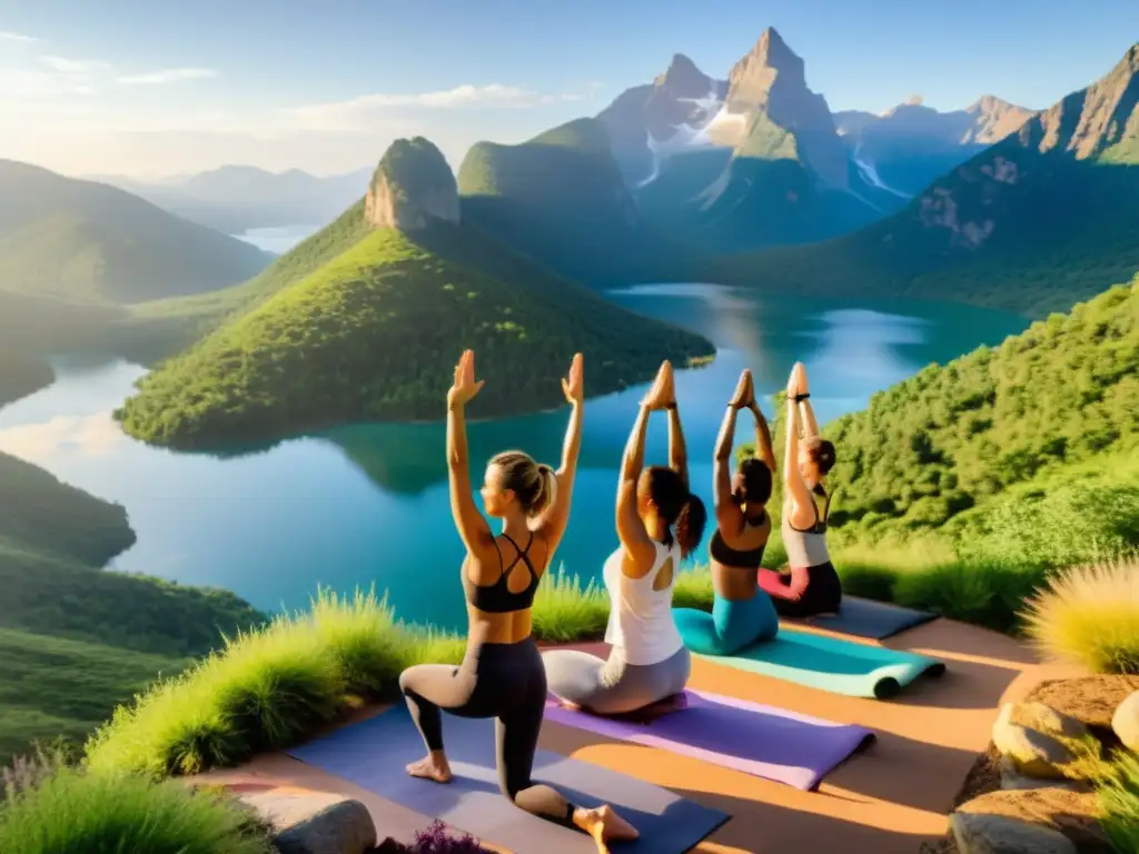 Grupo diverso practicando yoga en montaña, unidos y en armonía con la naturaleza