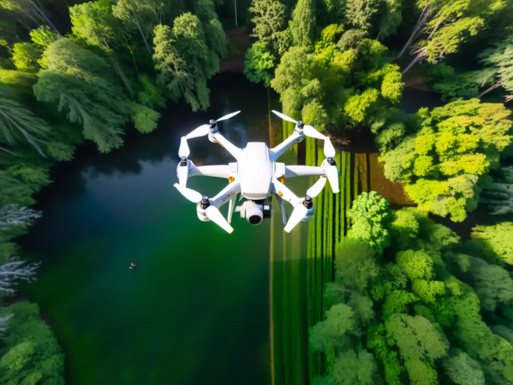 Grupo de drones sobrevolando bosque verde, capturando detalles del ecosistema