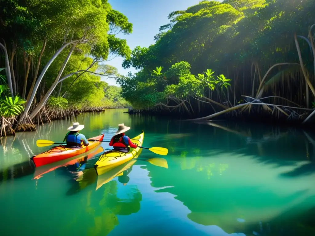 Un grupo de kayaks ecológicos partiendo de un exuberante manglar