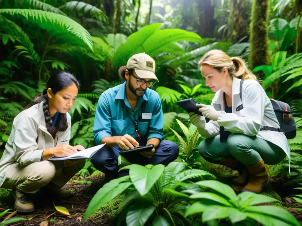 Un grupo de ecologistas realizando investigación de campo en una exuberante y biodiversa selva