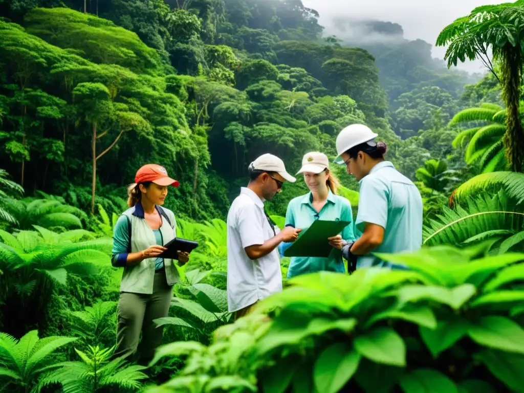 Grupo de ecologistas realizando investigación de campo en una exuberante selva biodiversa