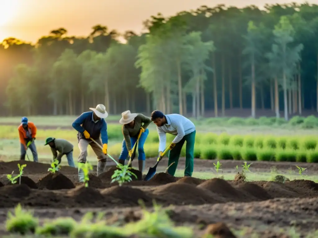 Un grupo de ecologistas y conservacionistas plantando árboles nativos al atardecer, mostrando la belleza y resiliencia de la naturaleza