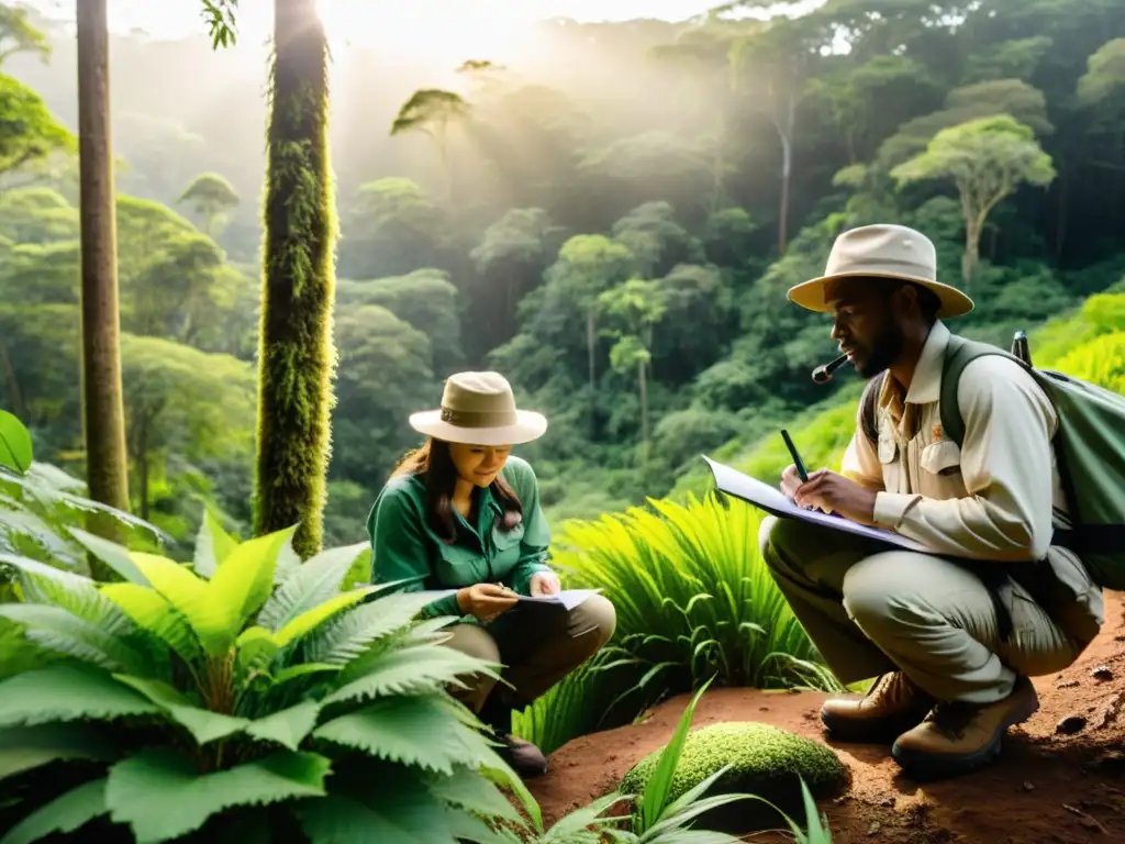 Grupo de ecologistas documentando un ecosistema biodiverso con precisión y pasión