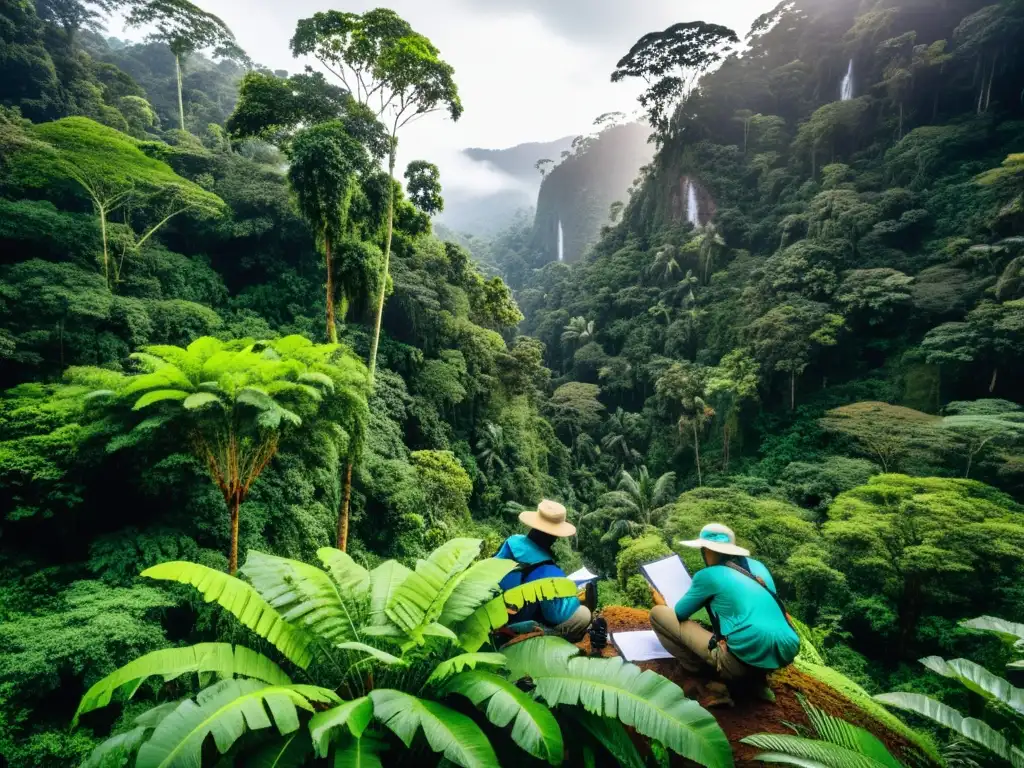 Grupo de ecologistas investigando en una exuberante selva, recolectando datos y tomando notas