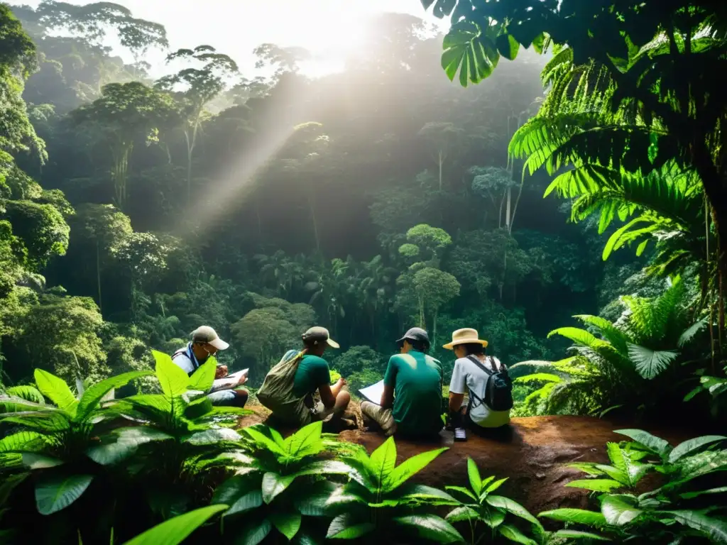 Grupo de ecologistas investigando en la selva amazónica, tomando muestras y documentando la flora y fauna