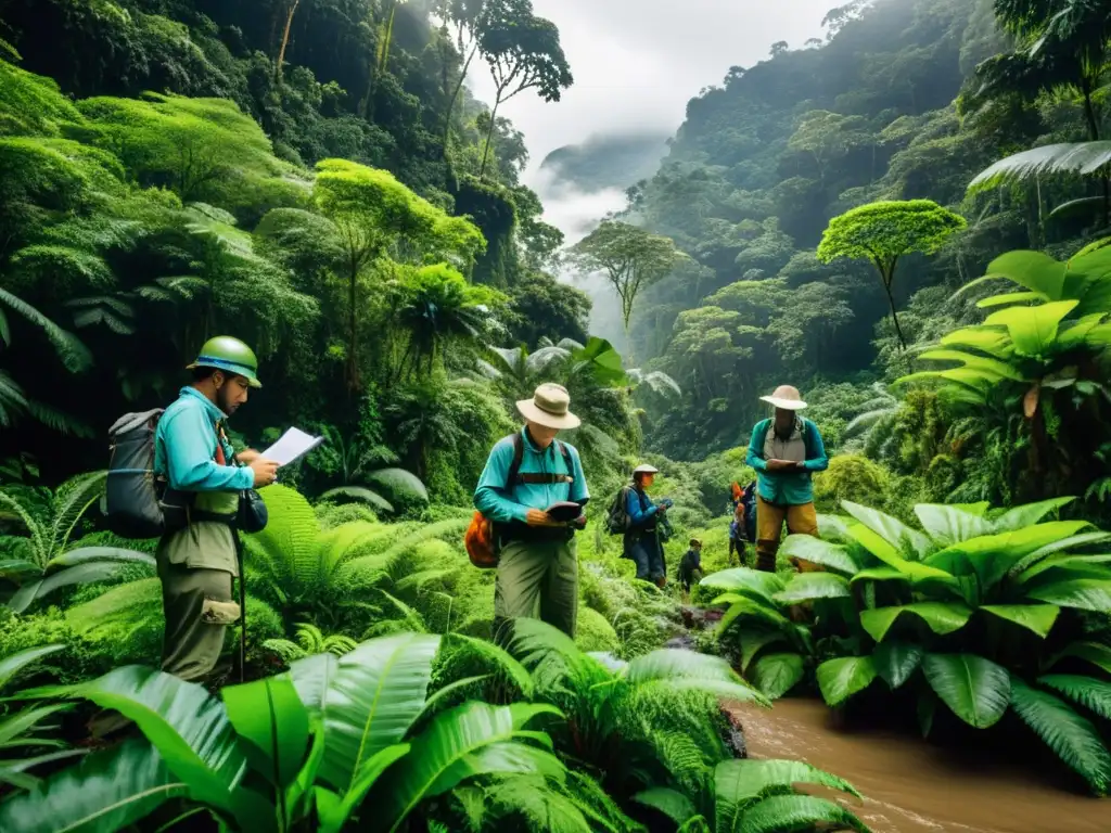 Grupo de ecologistas investigando en la selva, recolectando datos para programas postgrado ecología conservación planeta