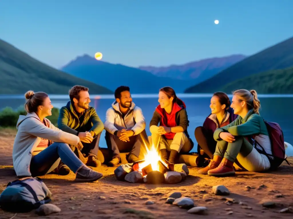 Un grupo de ecoturistas disfruta de una animada conversación alrededor de la fogata, iluminados por linternas solares