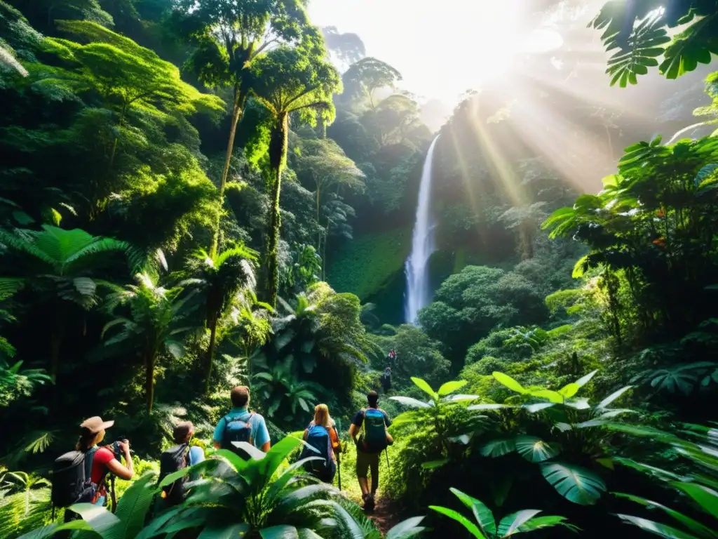 Un grupo de ecoturistas explorando la exuberante selva tropical, destacando la importancia del ecoturismo como carrera