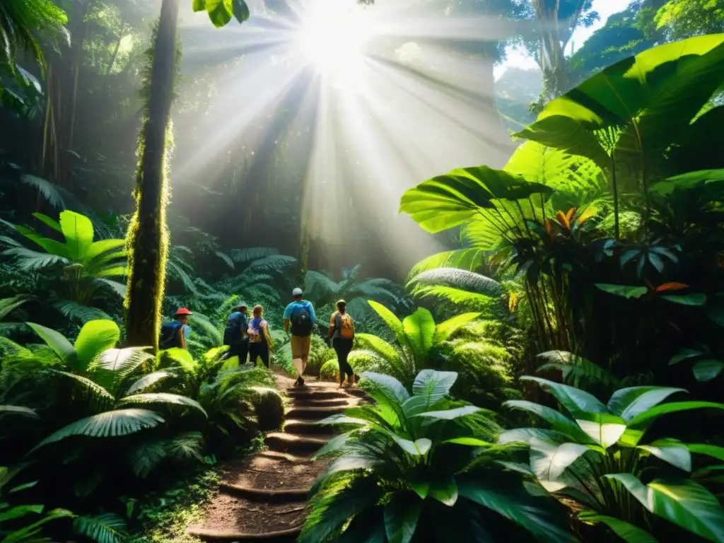 Grupo de ecoturistas explorando una exuberante selva tropical