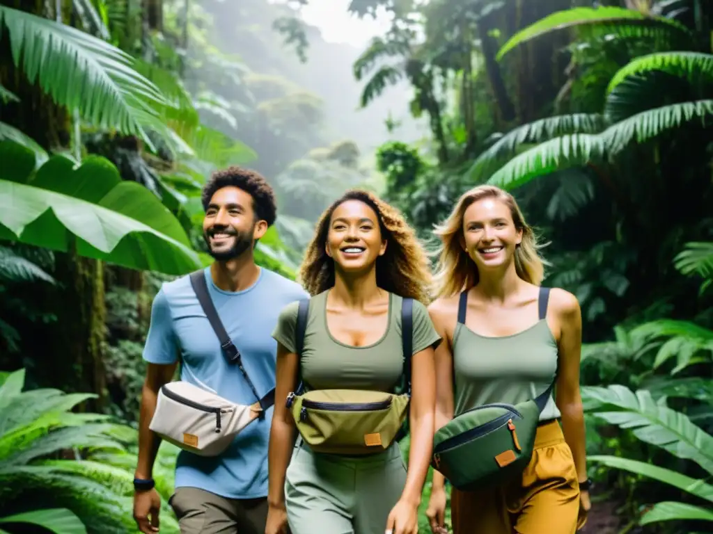 Grupo de ecoturistas con moda sostenible para ecoturismo, en la exuberante selva