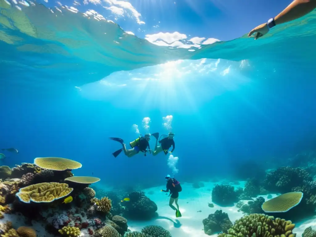 Un grupo de ecoturistas se aplica cuidadosamente protector solar para arrecifes de coral antes de bucear en un vibrante arrecife