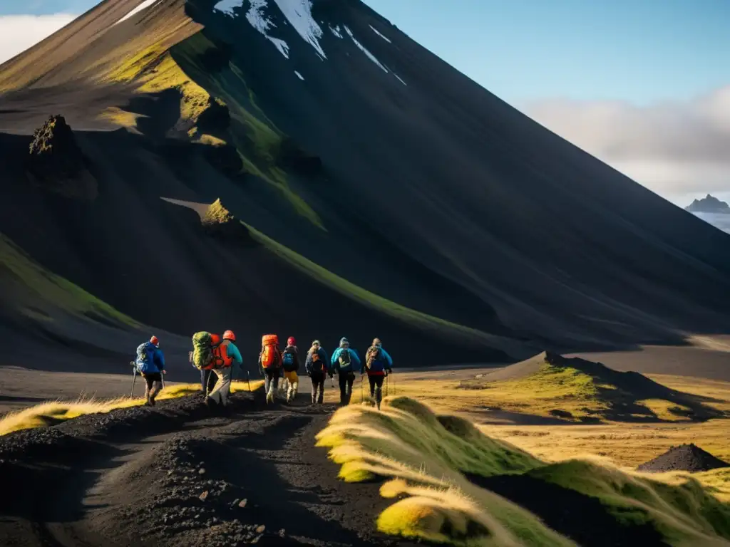 Grupo de ecoturistas explorando un volcán islandés, con paisaje volcánico y el pico nevado al fondo