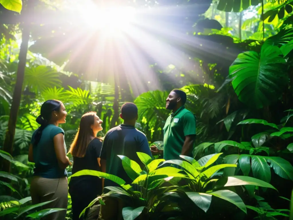 Grupo de educadores ambientales imparten taller en la selva, señalando especies y río