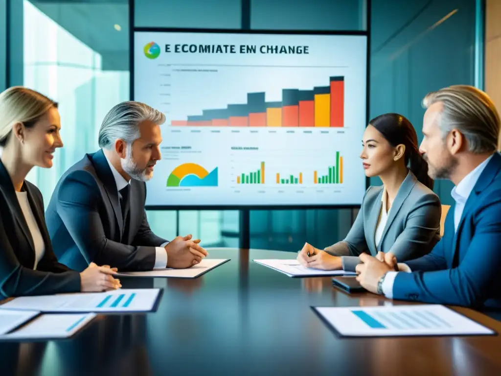 Grupo de ejecutivos debatiendo estrategias para mitigar el impacto económico del cambio climático en una moderna sala de juntas