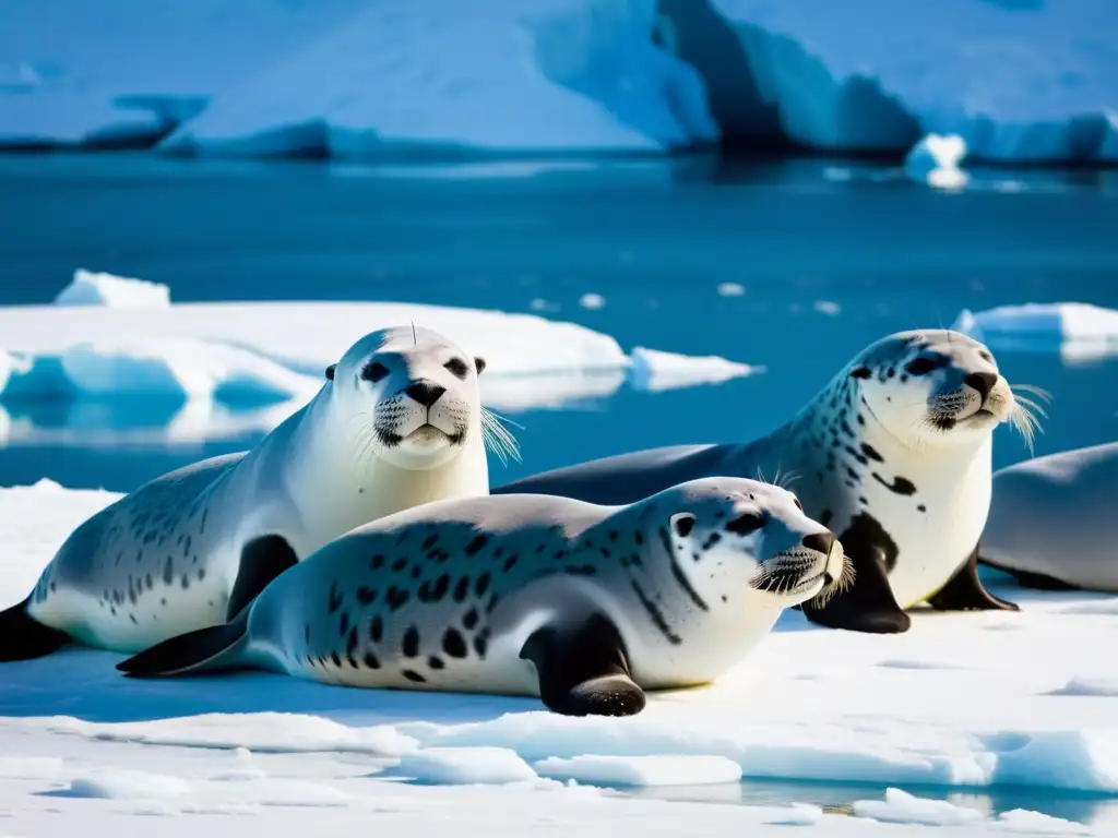 Un grupo de elegantes focas leopardo plateadas descansando en un iceberg en el Ártico, disfrutando del sol y el frío aire antártico