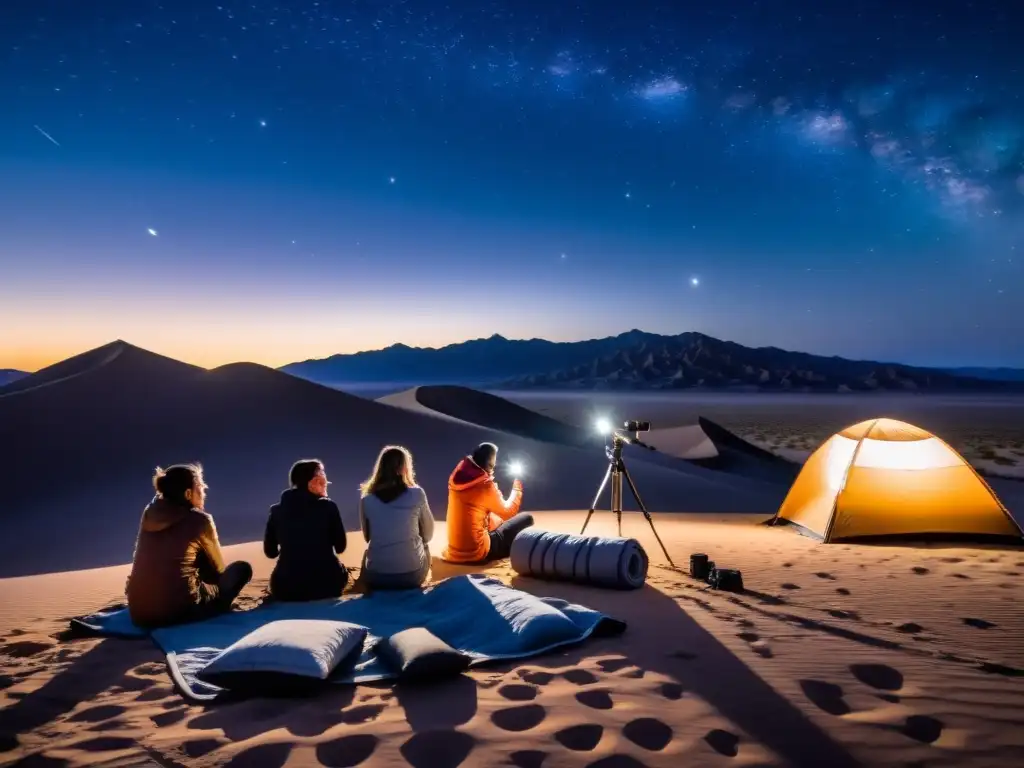 Grupo emocionado preparando telescopios bajo cielos estrellados y dunas, para tours estelares ecosistemas desérticos