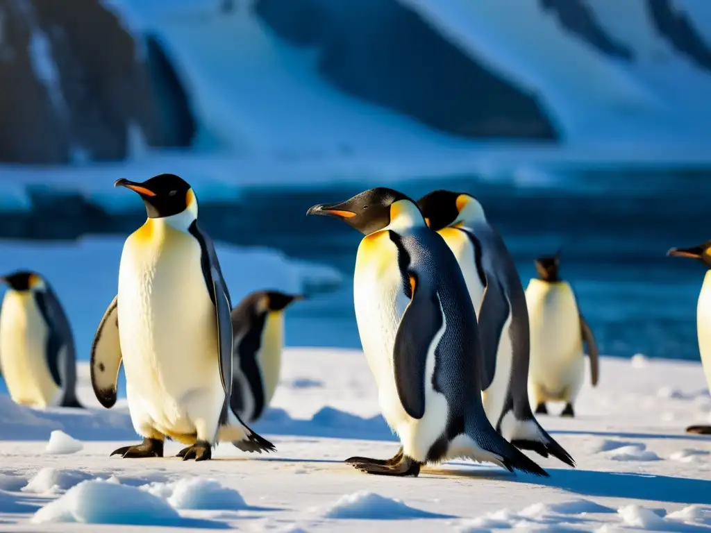 Adolescentes pingüinos emperador en muda bajo el sol Un grupo de pingüinos emperador adolescentes mudando su plumaje en un paisaje antártico, revelando el ciclo de vida del pingüino emperador