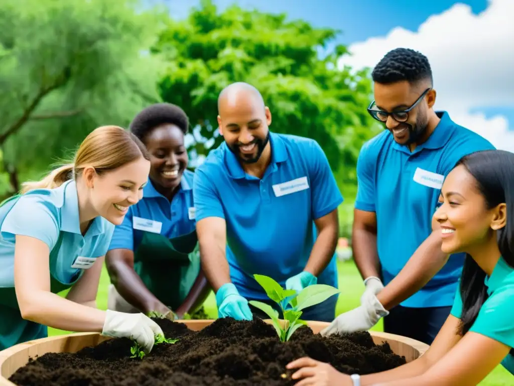 Un grupo de empleados corporativos participa entusiastamente en un taller de educación ambiental en un entorno natural