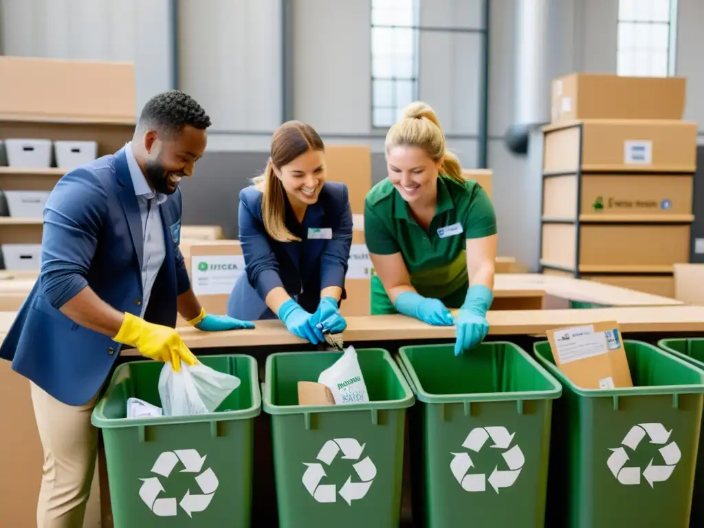 Grupo de empleados en empresa sostenible clasificando materiales en estación de reciclaje