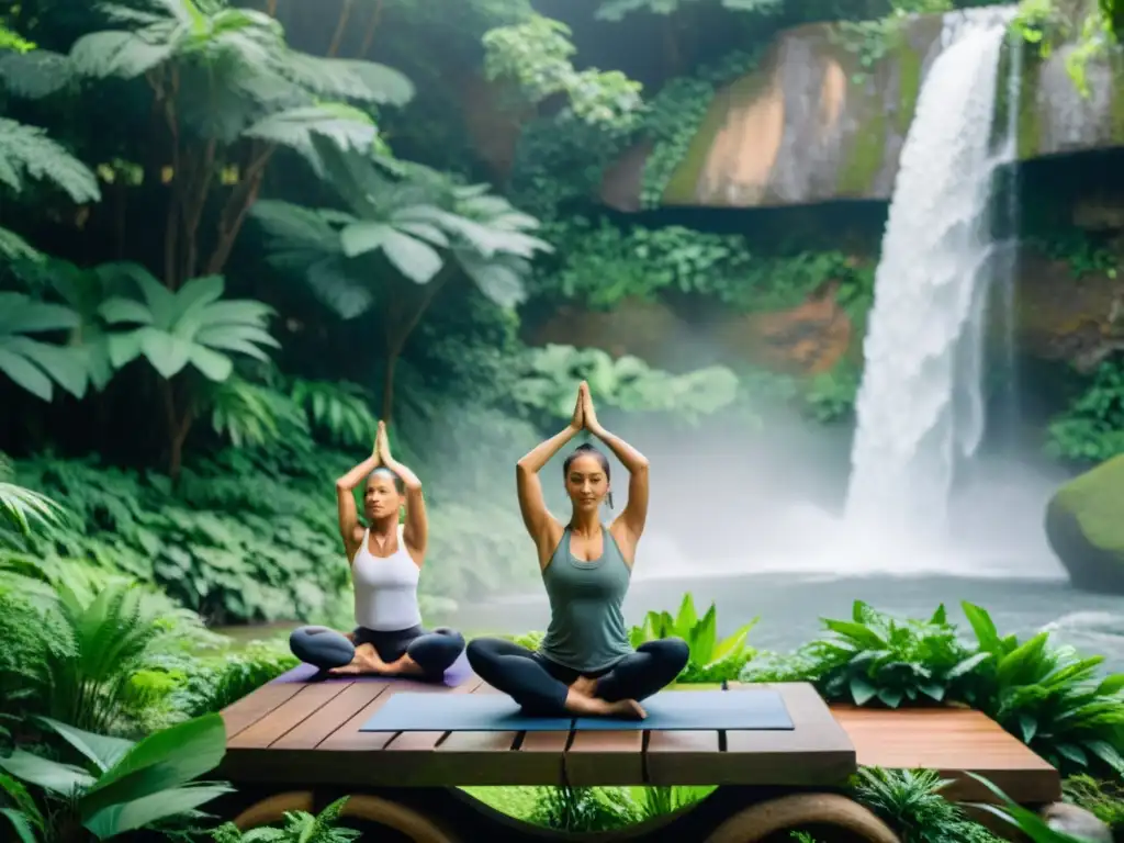 Un grupo practica yoga en un entorno natural, rodeado de exuberante vegetación y una cascada