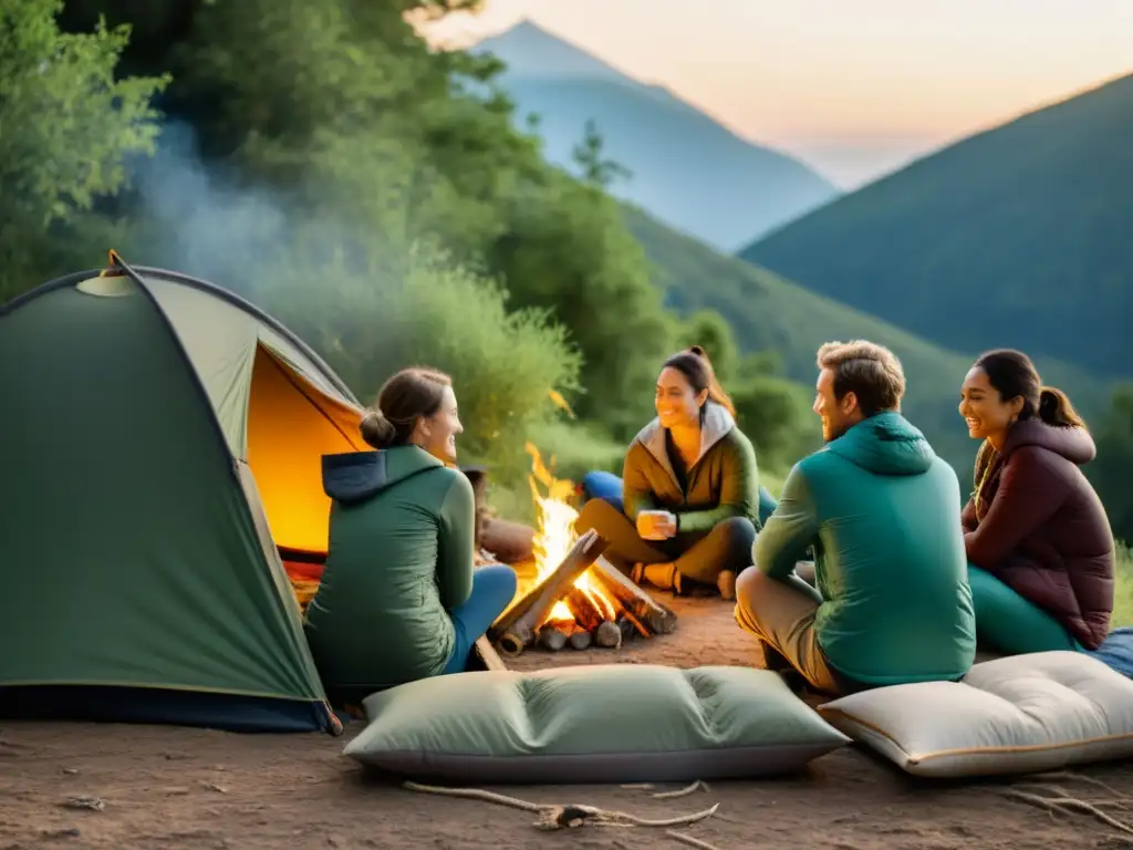 Un grupo de entusiastas al aire libre disfrutan de una fogata, rodeados de sacos de dormir ecoconscientes sostenibles en tonos terrosos