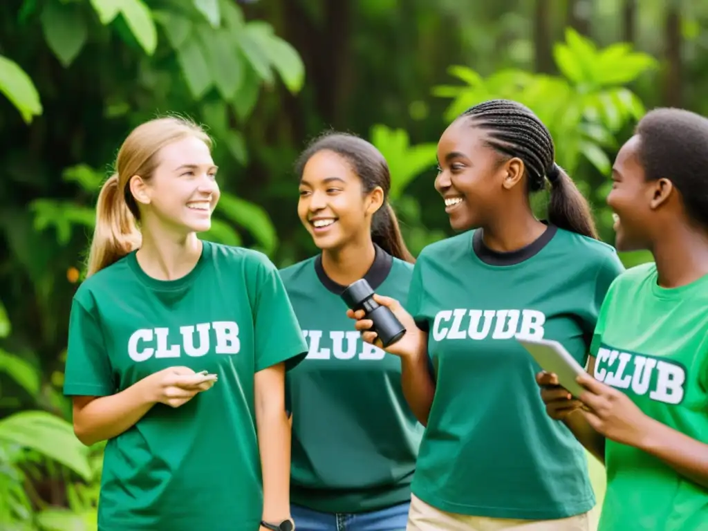 Un grupo de entusiastas estudiantes de secundaria de la organización de clubes estudiantiles de ciencias ambientales discuten animadamente en un entorno natural exuberante, con equipos científicos