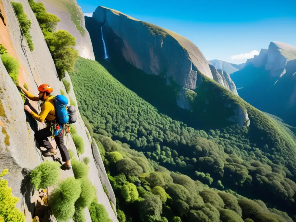 Grupo de escaladores practicando la escalada sostenible en destinos ecológicos, rodeados de naturaleza virgen y exuberante