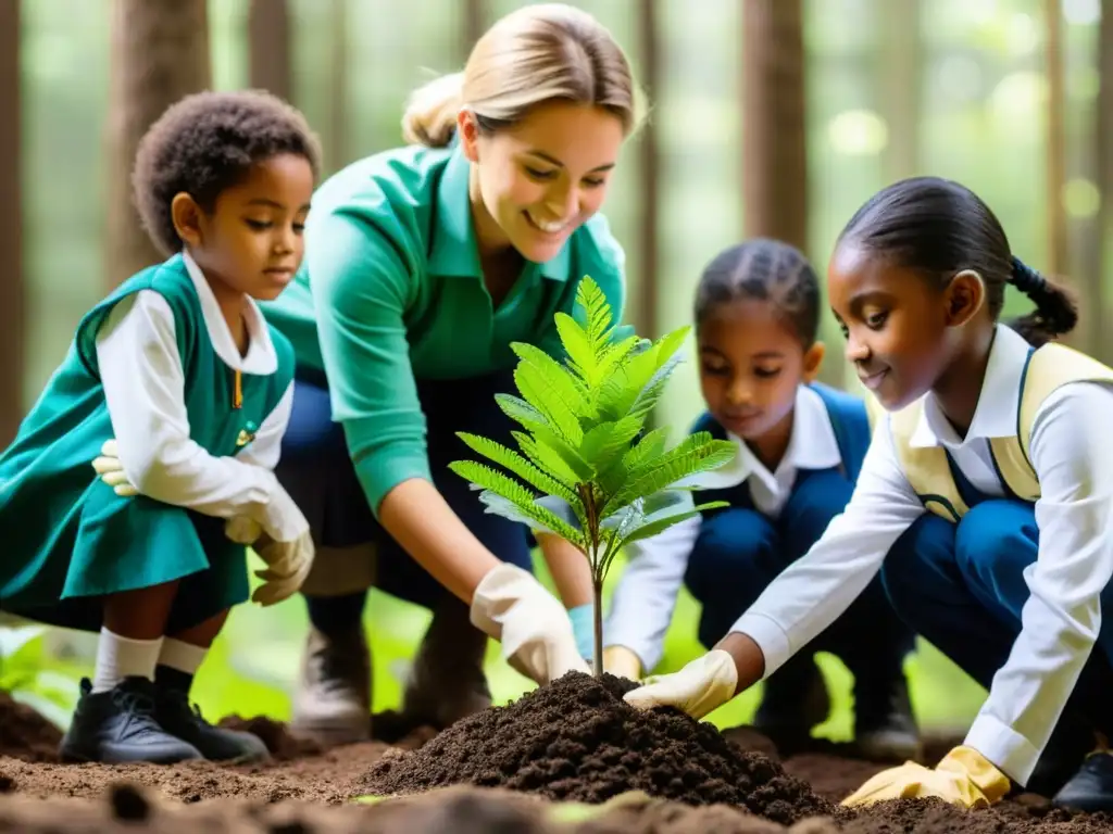 Grupo escolar diverso planta árboles en un bosque, mientras maestra enseña importancia de educación ambiental en cambio climático