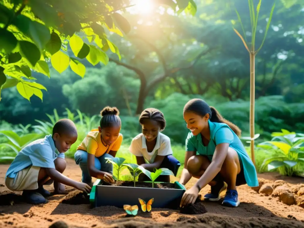 Grupo escolar diverso trabaja unido en proyectos de conservación en un ecosistema biodiverso