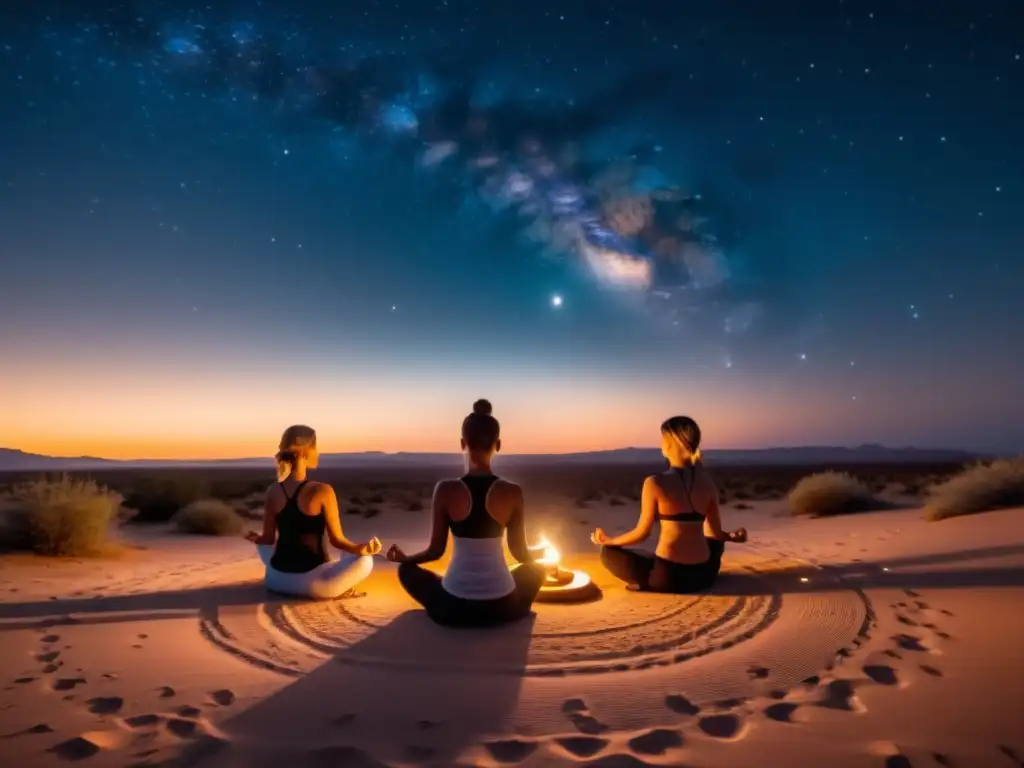 Grupo de yoguis meditando bajo las estrellas en el desierto, conectados con el cosmos y la práctica espiritual del yoga