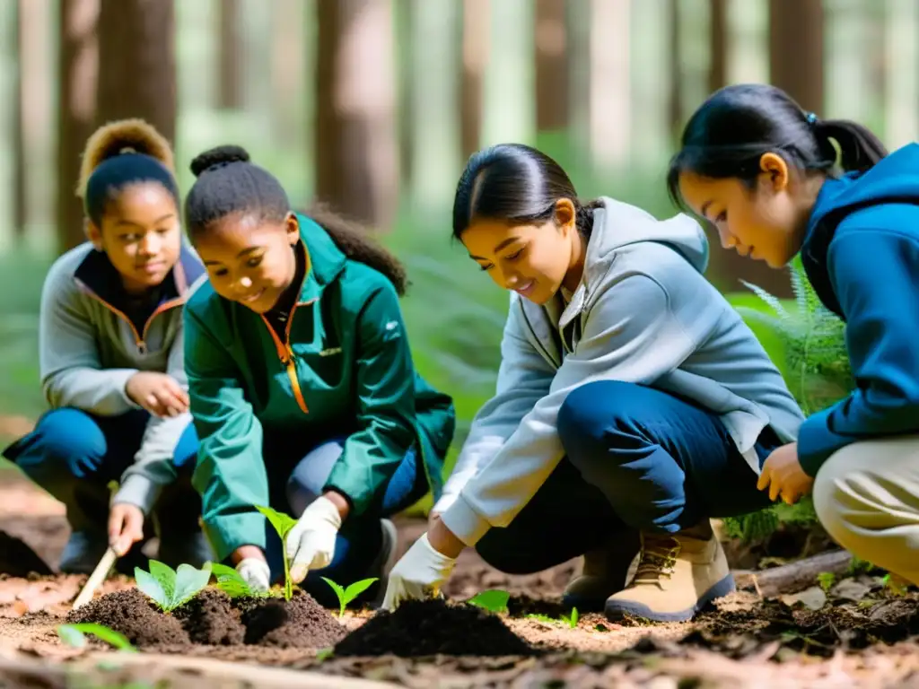 Grupo de estudiantes plantando árboles en el bosque, contribuyendo a la conservación de ecosistemas templados para jóvenes