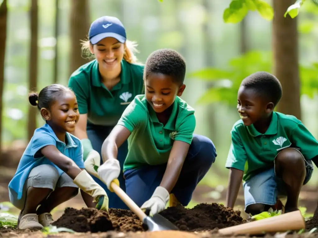 Un grupo de jóvenes estudiantes plantando árboles en un bosque verde mientras una maestra les guía