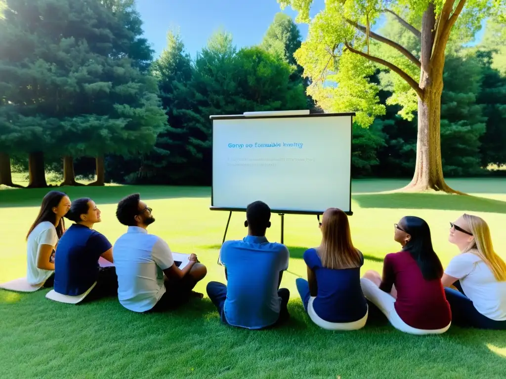 Un grupo de estudiantes atentos aprende sobre inversiones sostenibles para educación financiera bajo los árboles y el cielo azul