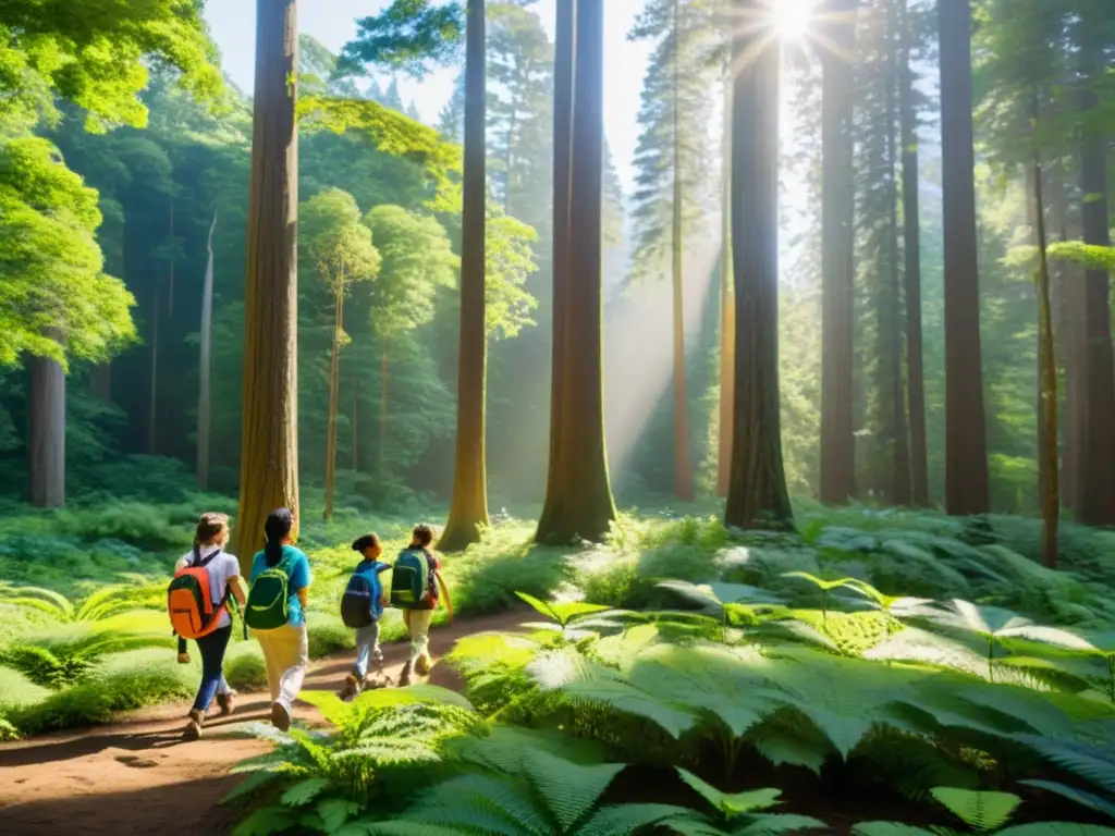 Un grupo de jóvenes estudiantes camina por el bosque, admirando la naturaleza mientras su profesor les enseña