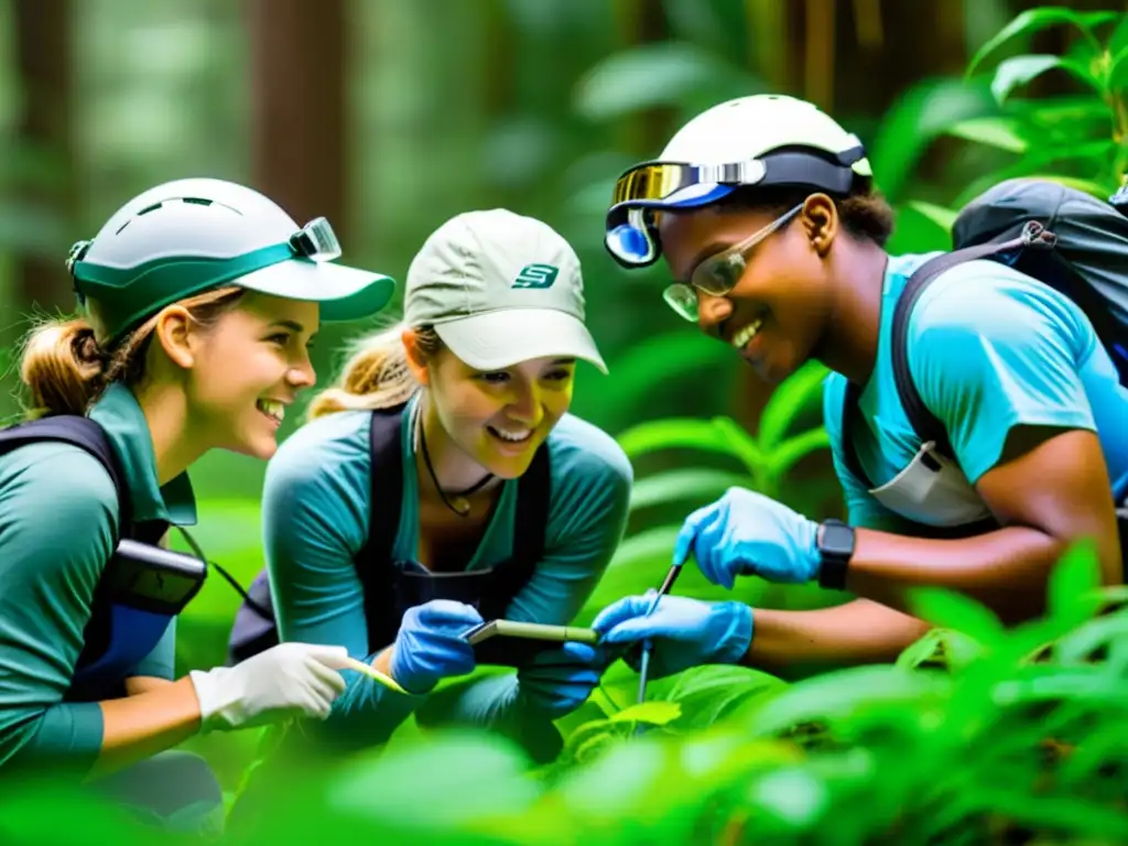 Un grupo de estudiantes diversos realiza investigación de campo en un ecosistema biodiverso, capturando la emoción y el enfoque en sus rostros