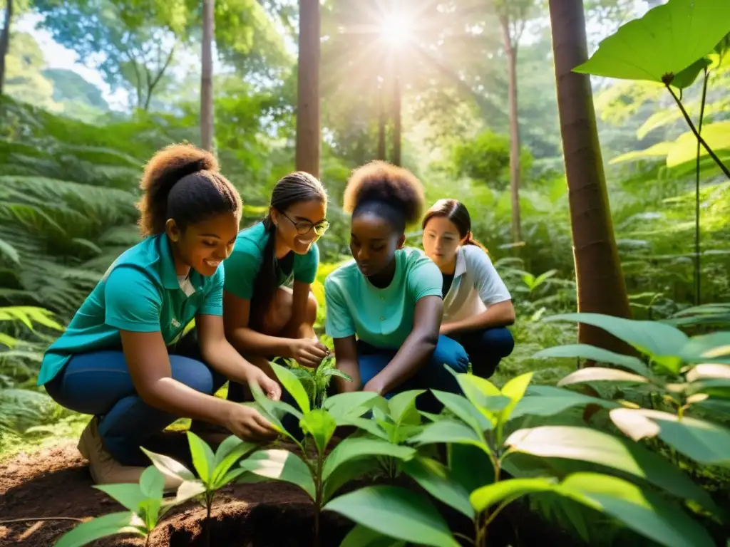 Grupo de estudiantes diverso trabajando en la conservación ambiental en un bosque exuberante