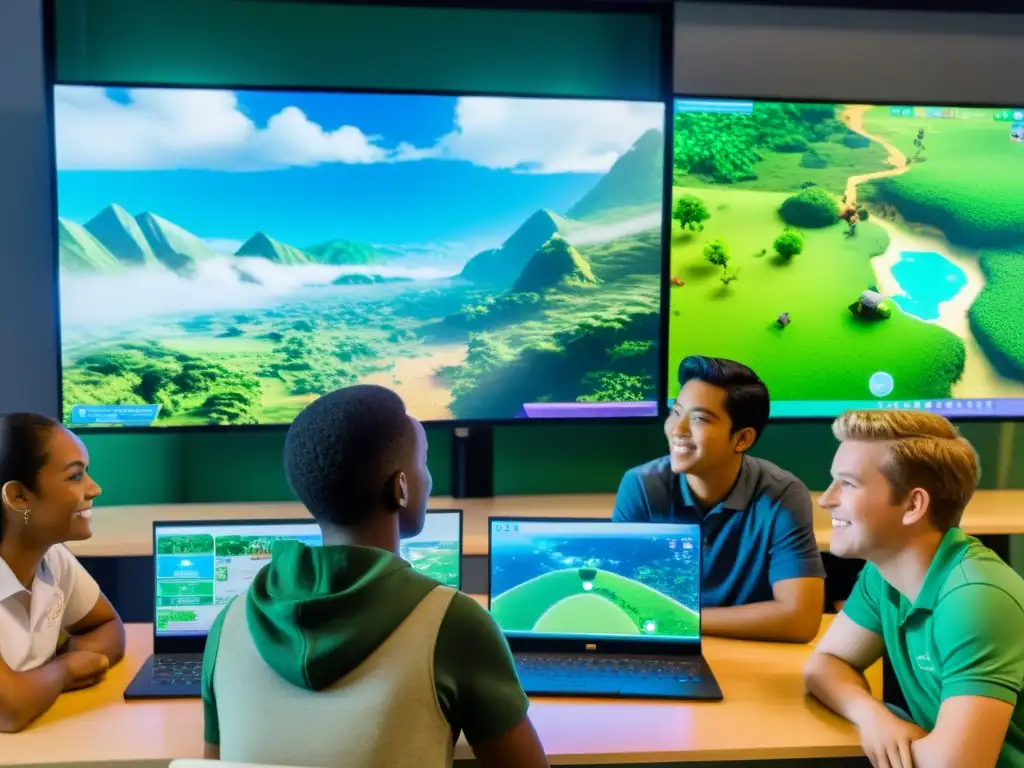 Grupo de estudiantes diverso jugando videojuegos educativos sobre ecología con entusiasmo y determinación