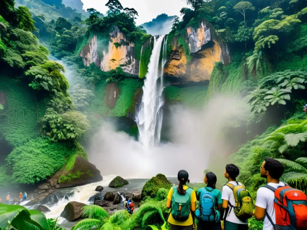 Un grupo de estudiantes diversos en equipo para exteriores recorriendo una exuberante selva tropical, aprendiendo sobre ecoturismo