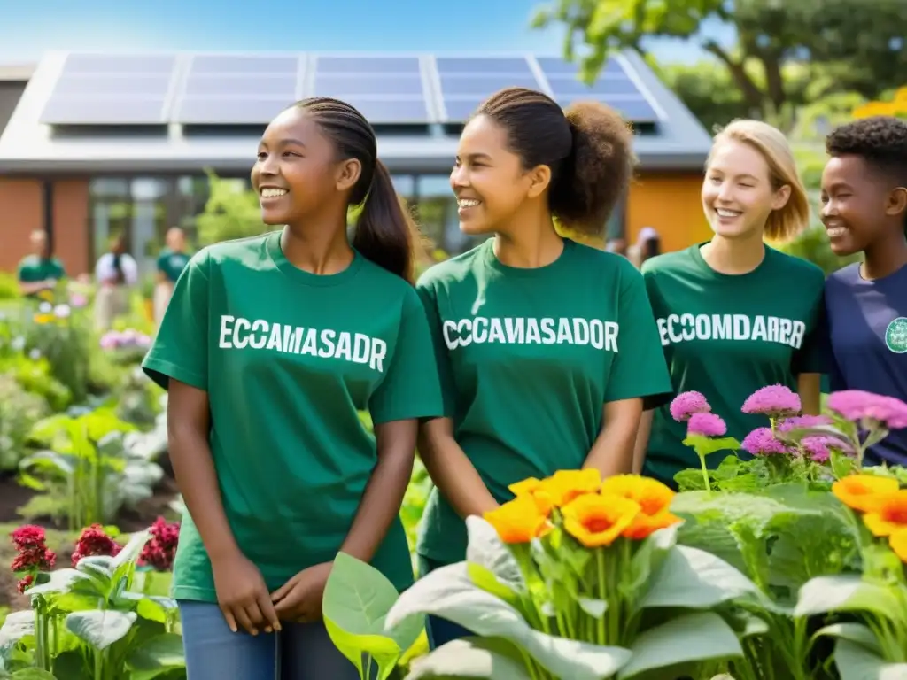 Grupo de estudiantes ecoembajadores capacitándose para el cambio ambiental en un jardín lleno de vida y color