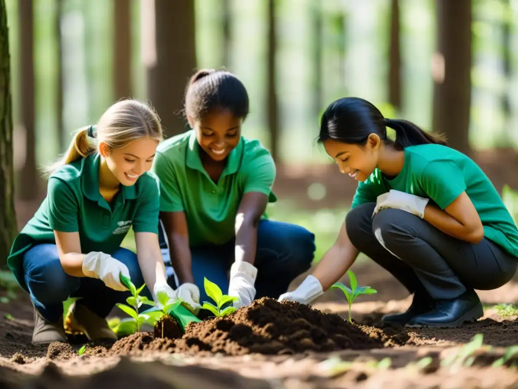 Grupo de estudiantes ecologistas plantando árboles en un bosque, mostrando determinación y responsabilidad hacia la formación ecologistas generaciones futuras