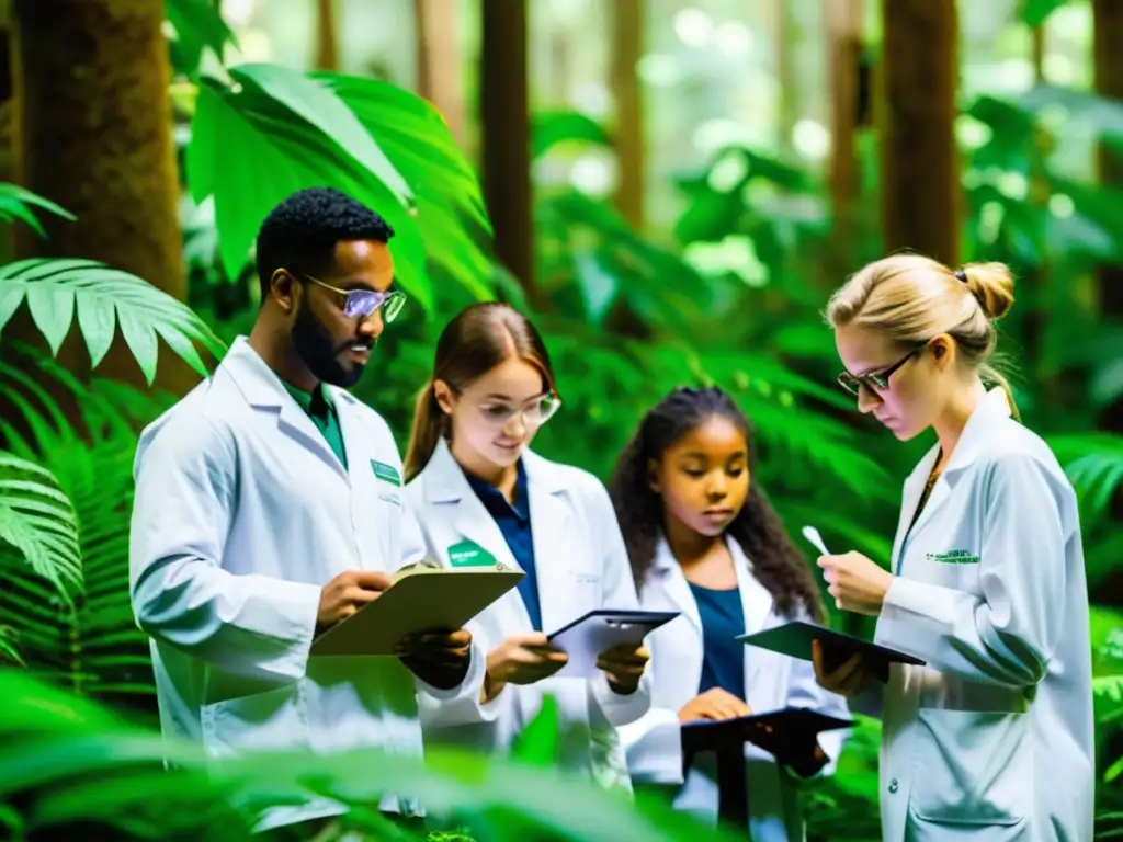 Grupo de estudiantes ecologistas explorando biodiversidad en la selva, fomentando la formación ecologistas generaciones futuras