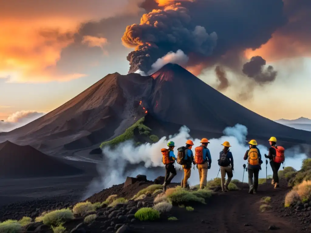 Grupo de estudiantes explorando ecosistemas volcánicos en una emocionante expedición educativa al atardecer