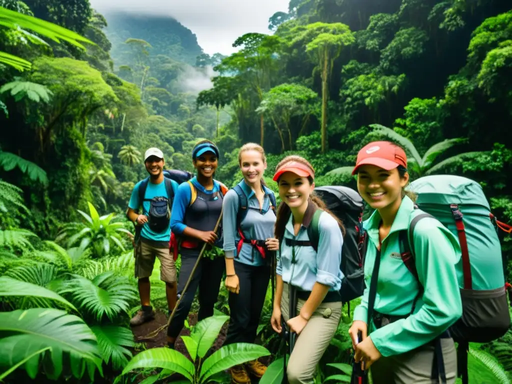 Un grupo de estudiantes de ecoturismo explorando la exuberante selva