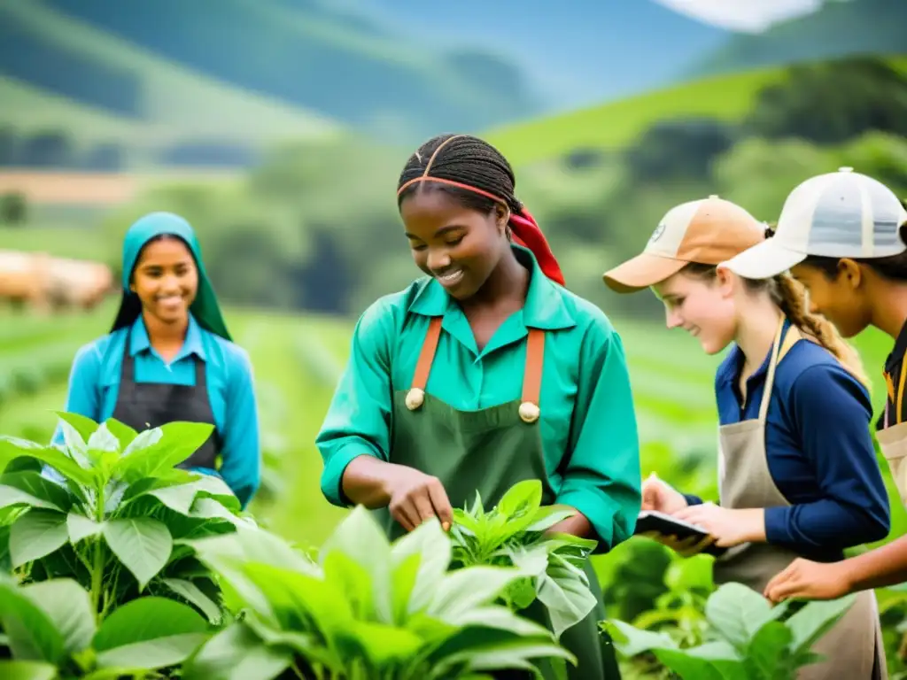 Un grupo de estudiantes de educación agrícola en un entorno agrícola biodiverso, demostrando la importancia de la conservación de ecosistemas