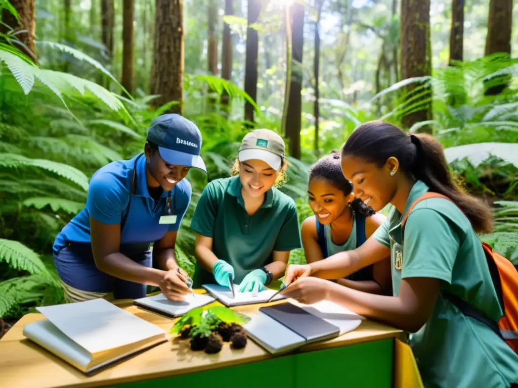 Un grupo de estudiantes entusiastas realizando experimentos científicos en un bosque biodiverso