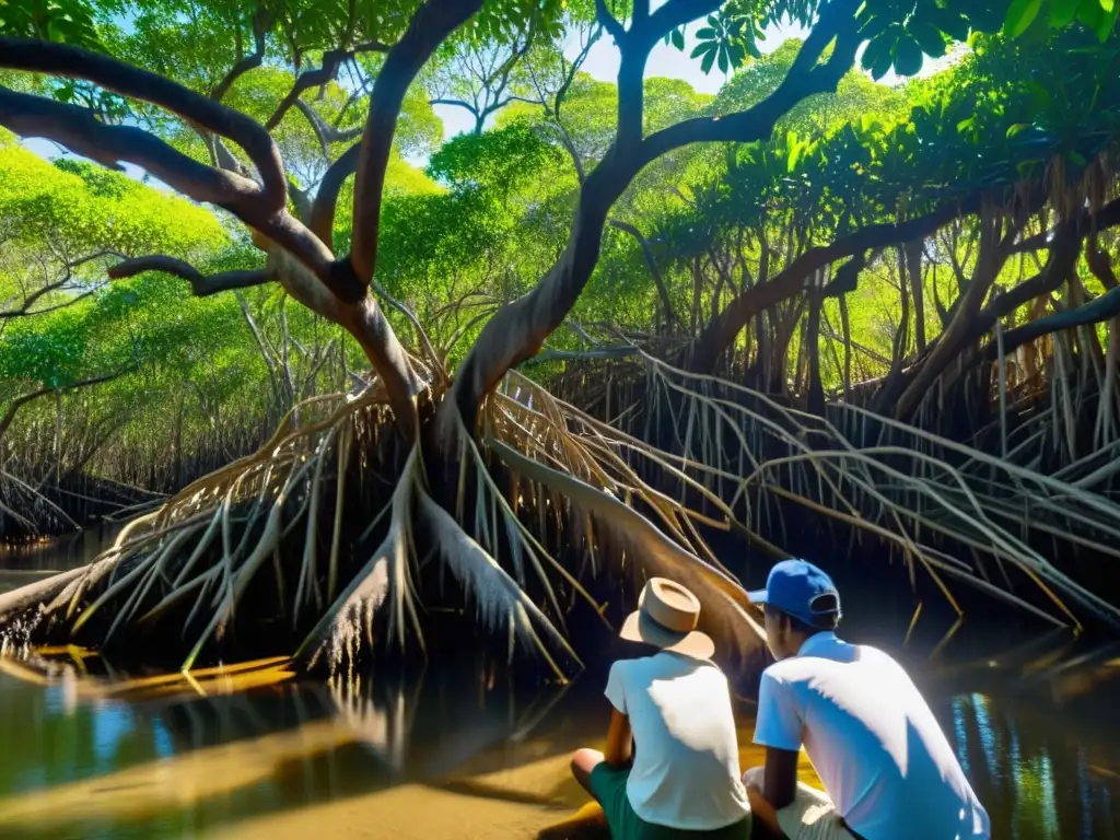 Un grupo de estudiantes y un guía experto exploran cuidadosamente un denso manglar en un día soleado