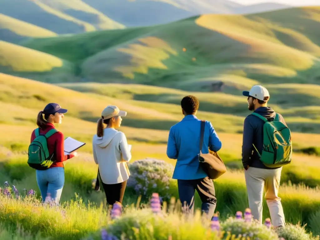 Un grupo de estudiantes, guiados por un conocedor, exploran una pradera vibrante como recurso educativo