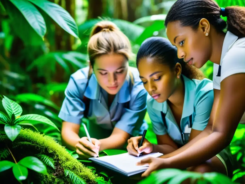 Grupo de estudiantes e investigadores en un bosque lluvioso, examinando la biodiversidad